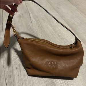 Miu Miu Brown Leather Zip-Top Pouch with Gold Logo